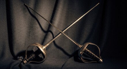 Crossed fencing swords on dark fabric background, vintage weaponry and duel concept.