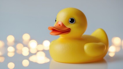 A yellow rubber duck with big eyes, surrounded by blurred lights in the background.
