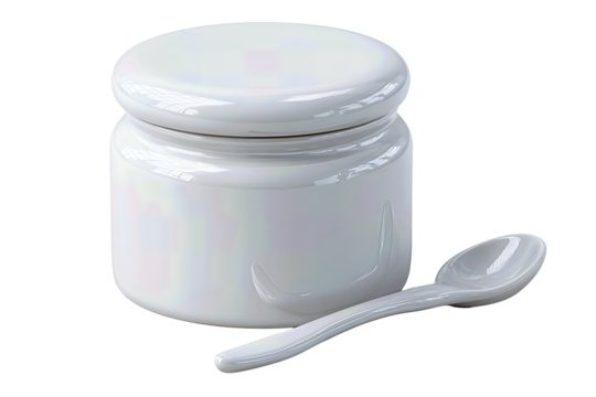 Elegant ceramic salt container with flat lid design and neat spoon, isolated on transparent background.
 - Powered by Adobe