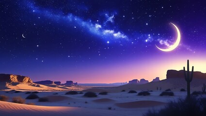 Desert landscape under a starry night sky with a crescent moon and a saguaro cactus