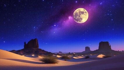 Desert landscape under a starry night sky with a full moon and rock formations