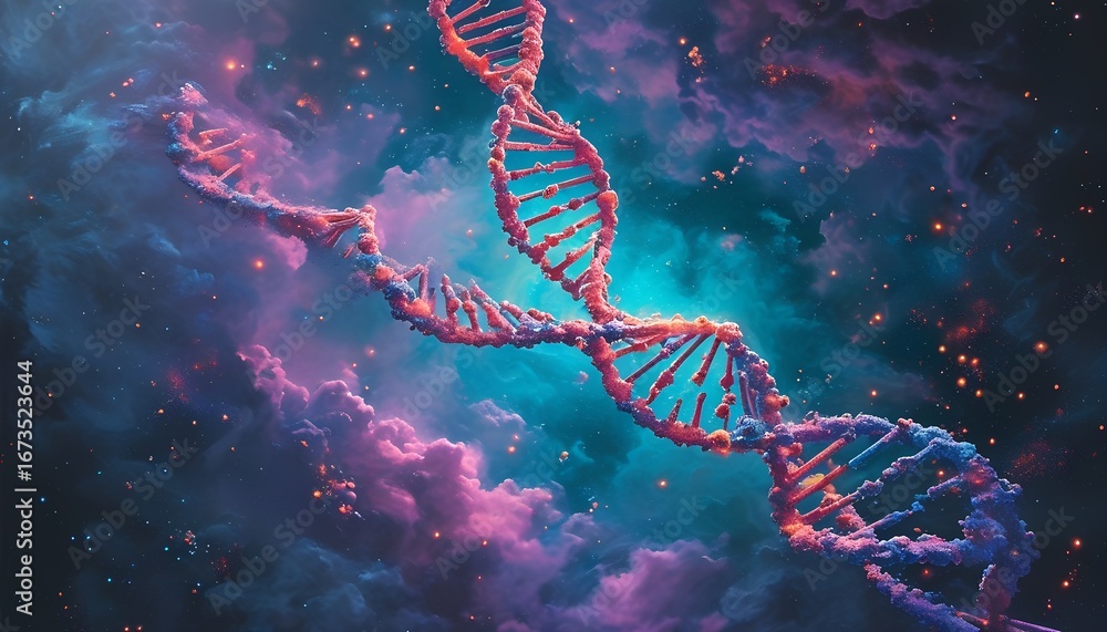 Poster abstract representation of a vibrant glowing dna double helix structure intertwined with colorful co