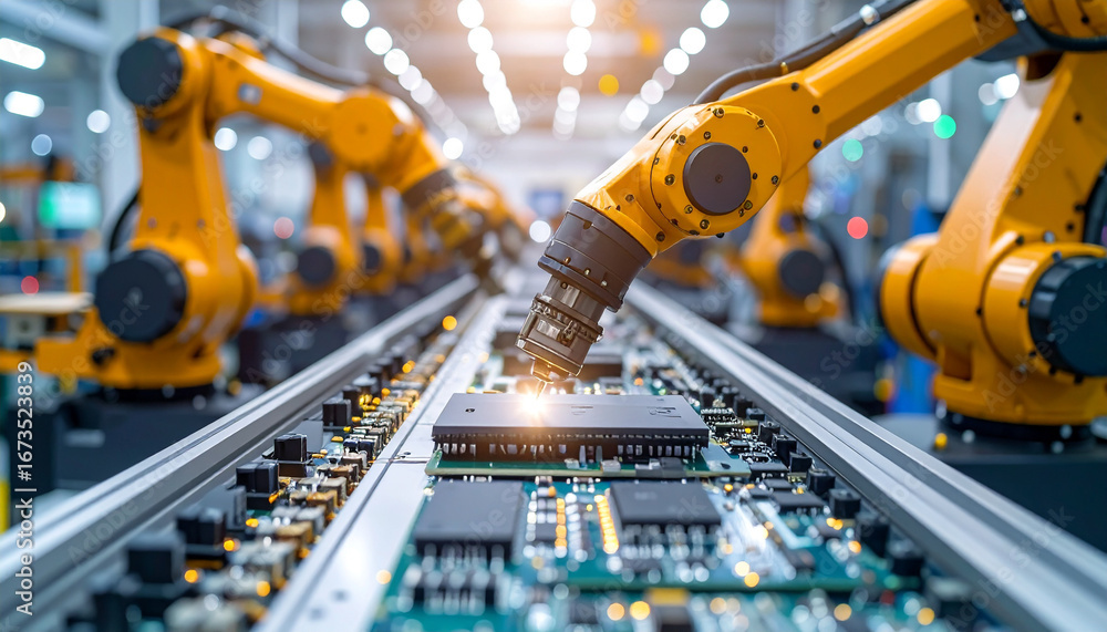 Poster robotic automation: high-angle shot of robotic arms working on an integrated circuit, demonstrating 