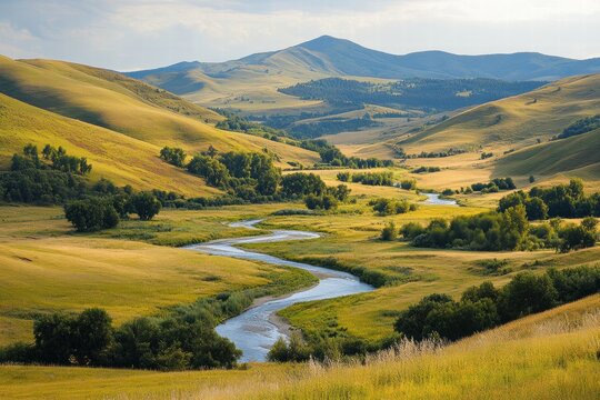 Green valley landscape with winding river
