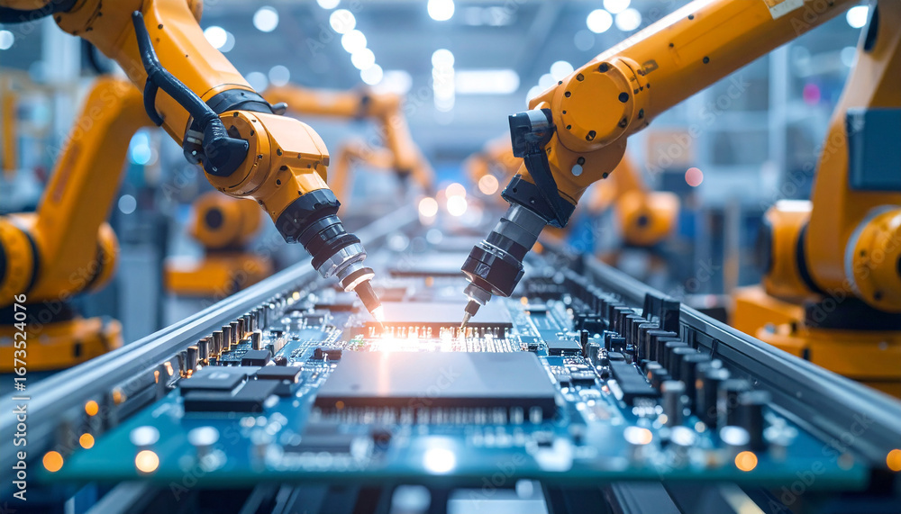 Poster robotic precision: a high-angle shot captures robotic arms meticulously assembling a circuit board, 