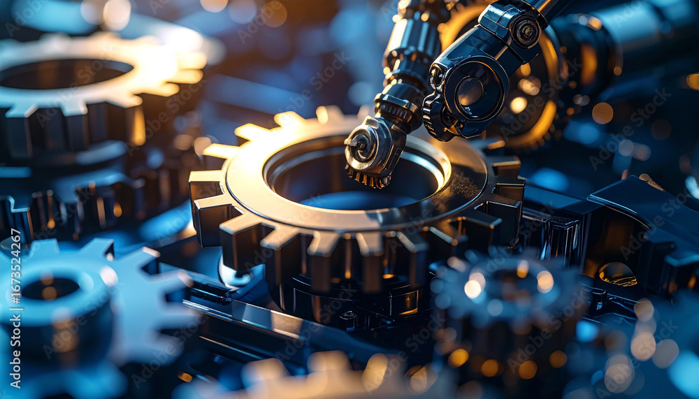 Poster mechanical precision: a close-up reveals the intricate interplay of metallic gears in a mesmerizing 