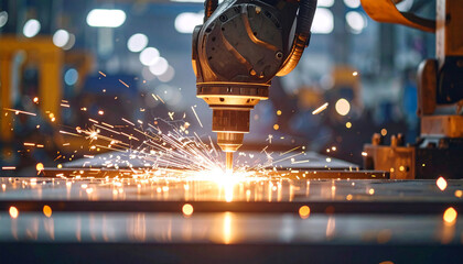 Precision in Action: Witness the laser cutting technology at work in an industrial setting, sparks ignite, in this captivating image. 