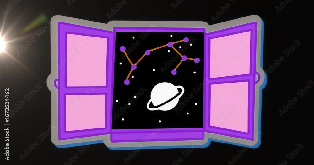 Aufkleber playback starting showing purple window space view with planet and constellation for space design