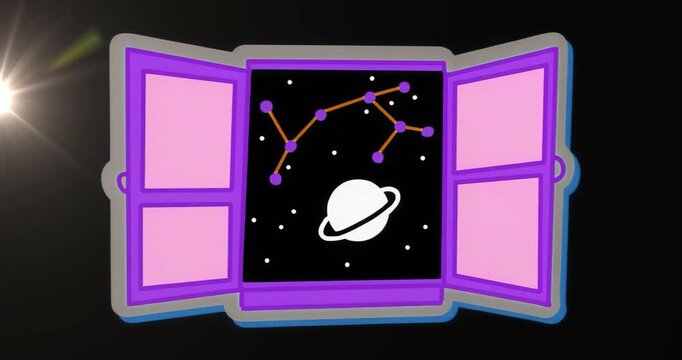 Playback starting showing purple window space view with planet and constellation for space design