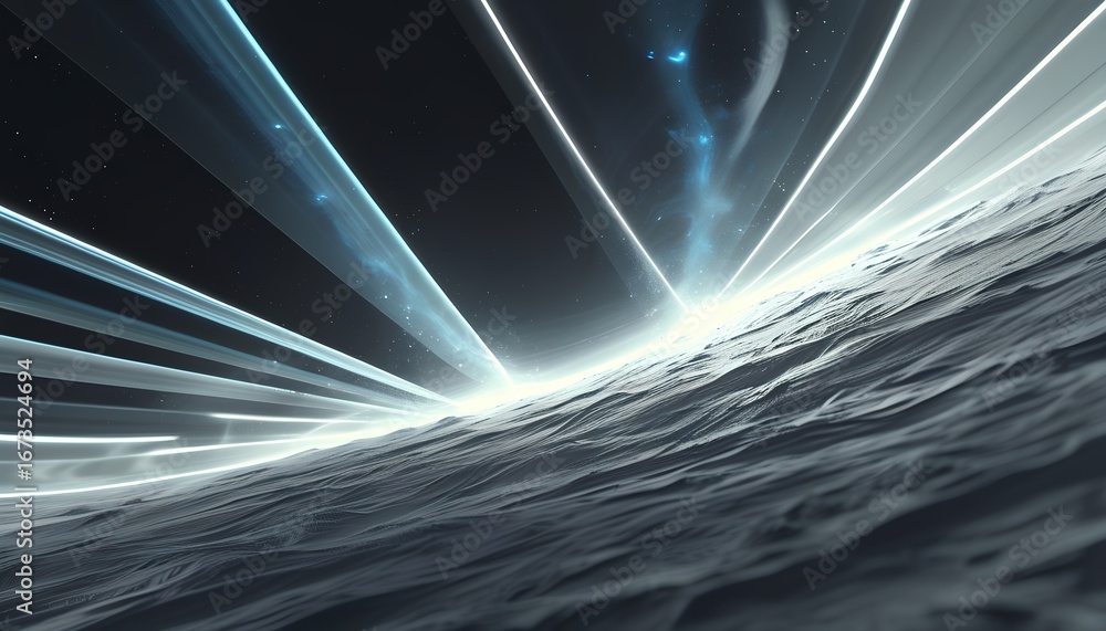 Poster abstract futuristic light beams radiating from a dark horizon over a textured surface with a subtle 