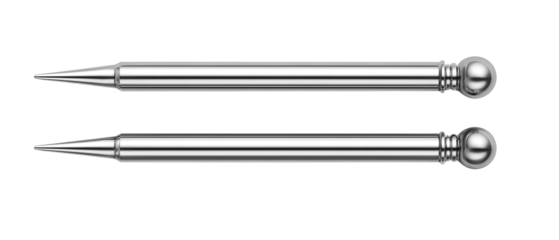 Minimalist metal knitting needles arranged in clean alignment, isolated on transparent background.
