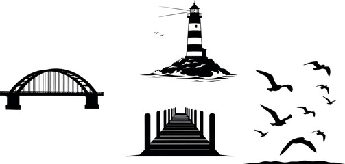 Silhouettes of an Arch Bridge, Lighthouse on Rocks, Wooden Pier, and Flying Seabirds, depicting travel and seaside landscapes.