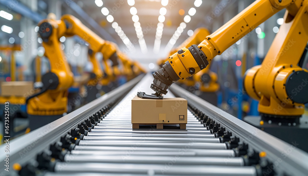 Poster automated assembly line: high-tech robotics and precision engineering are showcased in a modern fact