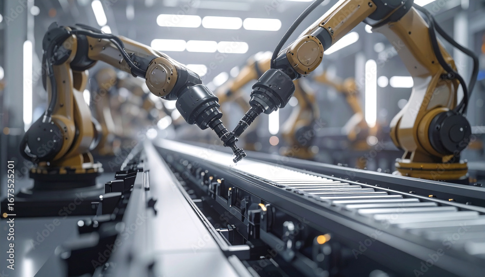 Poster robotics assembly line: a dynamic portrayal of modern manufacturing featuring industrial robot arms 