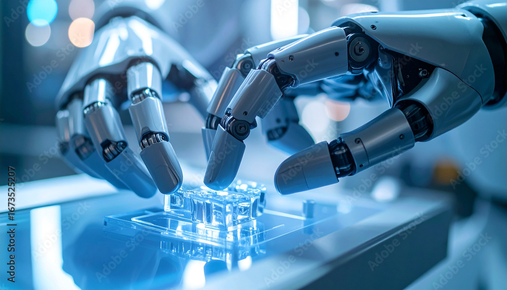 Poster technological precision: close-up shot of a robotic hand working with intricate precision on a futur