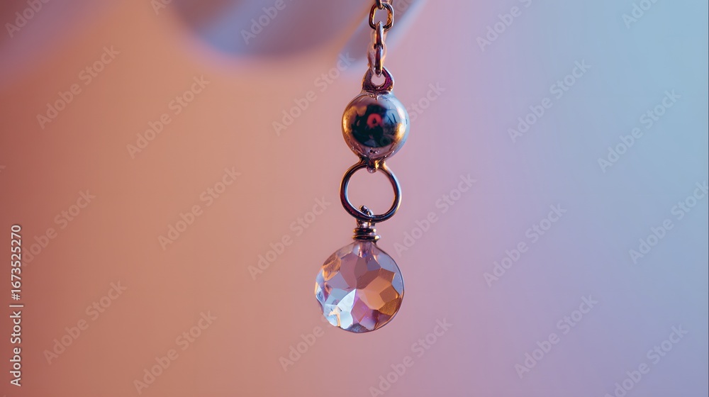 Poster close-up view of a delicate silver earring with faceted crystal, showcasing a soft gradient backdrop