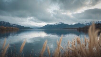 Snow-capped mountains by a calm lake with cloudy sky and reeds in the foreground. Nature and landscape scene. Serenity and outdoor environment.