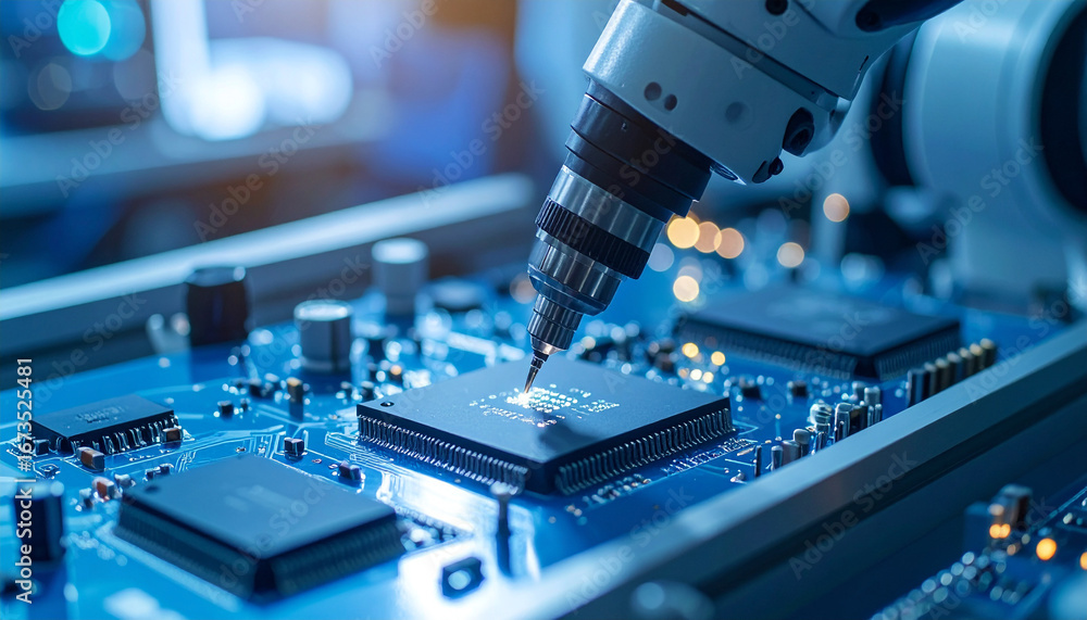 Poster precision electronics: a close-up of an automated robotic arm meticulously assembling microchips, sh