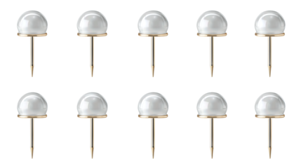 Push pins with straight centered shafts and glare-reducing satin heads, isolated on transparent background.
