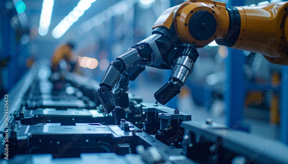 Poster automated manufacturing: a robotic arm meticulously performs a task on an assembly line in a technol
