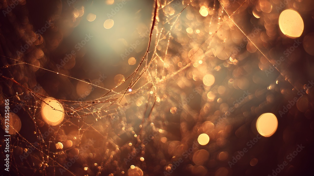Poster intricate web adorned with glistening water droplets, bathed in warm golden light, creating a mesmer