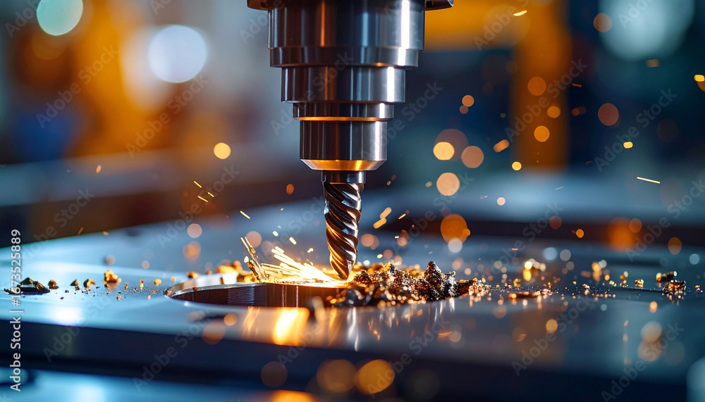 Poster precision in action: a close-up view of a cnc machine in operation, showcasing intricate metalwork w
