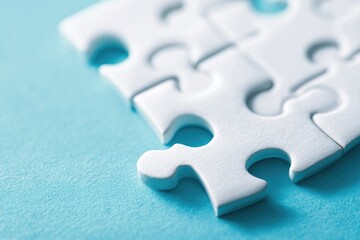 Obraz premium Close-up of interlocking white puzzle pieces on a light blue surface
