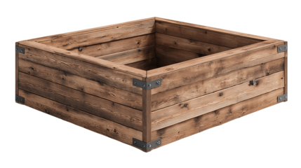 DIY garden planter box kit showing planks and brackets ready for assembly, isolated on transparent background.
