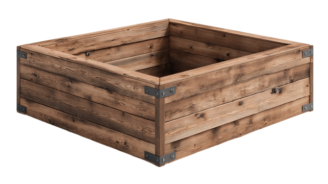 DIY garden planter box kit showing planks and brackets ready for assembly, isolated on transparent background.
