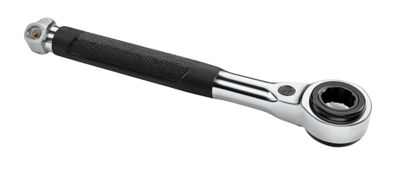 Professional torque wrench for precise tightening, slim and durable form, isolated on transparent background.
