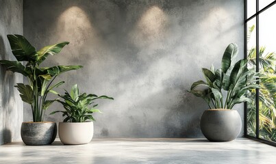 Interior background of room with stucco wall and vase with branch 3d rendering, Generative AI