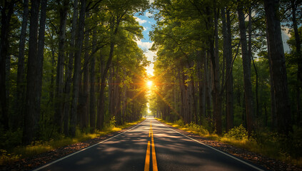 A cinematic photo of a winding road surrounded by tall trees forming a natural tunnel, with golden light in the distance symbolizing hope, clear blue sky, fluffy clouds, vibrant foliage, warm sunlight