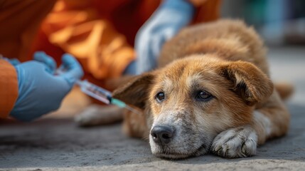 World Rabies Day. a stray dog being rescued and vaccinated against rabies by animal welfare workers, outdoor urban setting, natural daylight