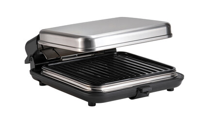 Compact sandwich grill with flat hidden plates and aligned hinge, isolated on transparent background.
