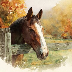 Horse looking over wooden fence in autumn landscape painting