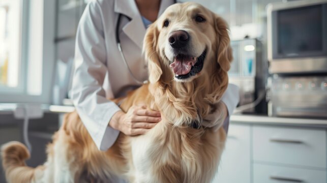 World Rabies Day. Professional veterinarian in white coat administering rabies vaccine to golden retriever dog in modern veterinary clinic