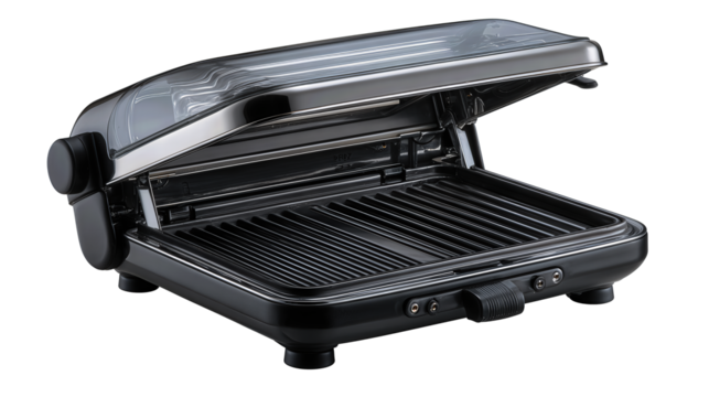 Compact sandwich grill with flat hidden plates and aligned hinge, isolated on transparent background.
