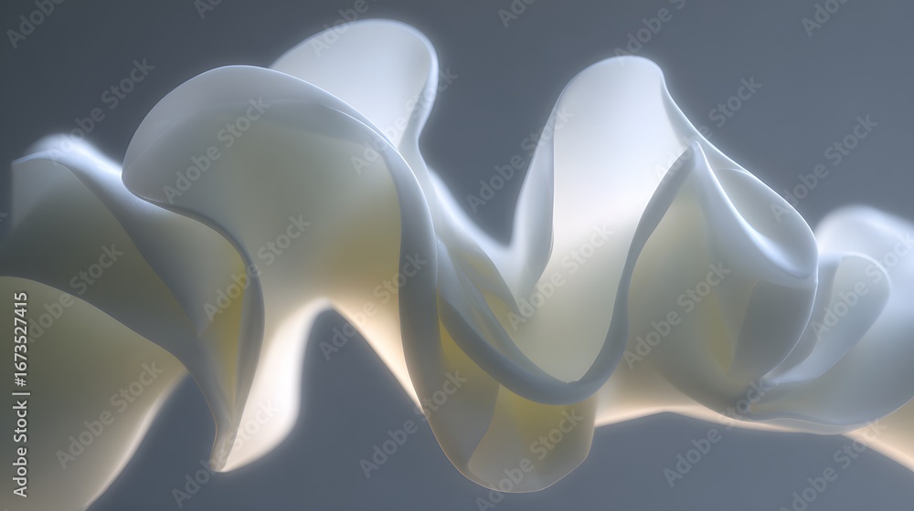 Poster abstract, flowing forms of light and shadow create a soft, elegant composition in muted white tones.