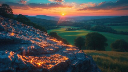 Fototapeta premium Scenic landscape during sunset with rolling green hills and rocky foreground. Nature and outdoor scenery. Tranquil and picturesque setting.