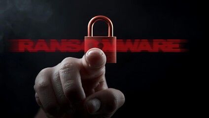 Close-up of a hand pressing on a padlock symbolizing security against ransomware threats.