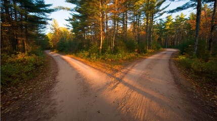 Obraz premium Split Forest Pathway with Warm Sunlight Filtering Through Trees