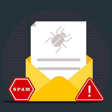 Email spam flat design. Unsolicited bug email envelope with warning message. Malicious message and fraud mail.