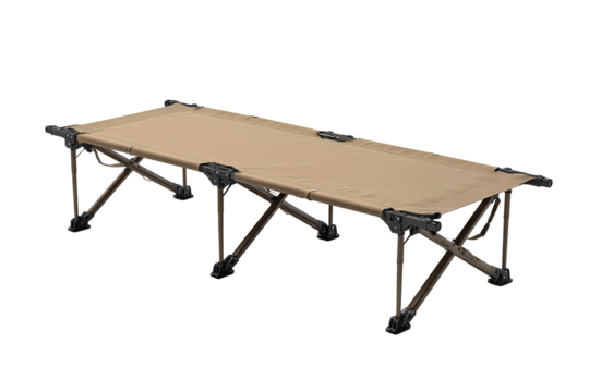 A folding camp cot with cross-braced legs and tensioned fabric, isolated on transparent background.

