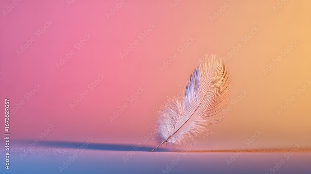 Poster a delicate white feather rests gracefully against a backdrop of soft, vibrant gradient colors, creat