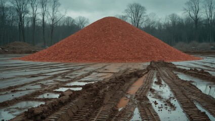 Large pile of reddish material, possibly soil or mulch, on muddy ground with tire tracks, in a landscape with leafless trees and an overcast sky
