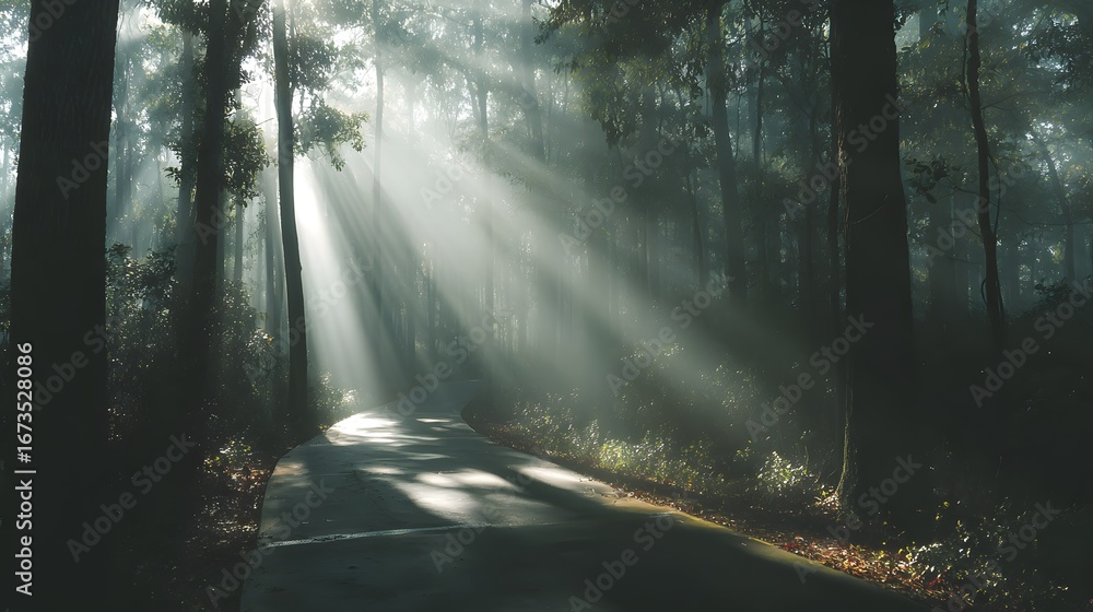 Poster sunlight streams through a misty forest, illuminating a paved path.