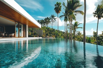 Fototapeta premium Exterior of amazing modern minimalist cubic villa with large swimming pool among palm trees, Generative AI