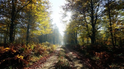 Obraz premium Sunlit Path Through Autumn Forest
