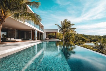 Fototapeta premium Exterior of amazing modern minimalist cubic villa with large swimming pool among palm trees, Generative AI