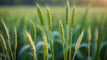 Fototapeta premium Close-up of green wheat stalks in a field during daytime. Agriculture and crop growth, natural environment, farming. The focus on wheat cultivated for harvest.